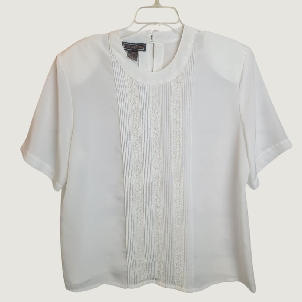 Liz Baker Blouse Vintage Pintuck Lace Trim Professional Minimalist White 16W